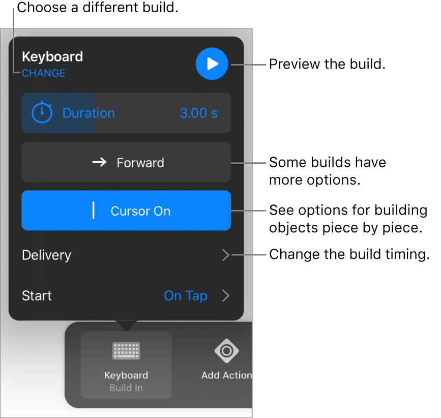 Build options include Duration, Delivery, and Start timing. Tap Change to choose a different build, or tap Preview to preview the build.