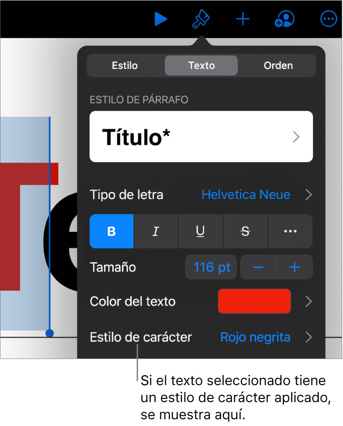 Los controles de formato de texto con “Estilo de carácter” debajo de los controles de color. El estilo de carácter Ninguno aparece con un asterisco.