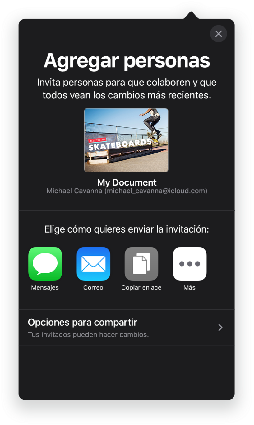 La pantalla “Agregar personas” mostrando una imagen de la presentación que se va a compartir. Debajo hay botones con las maneras en que se puede enviar la invitación; incluyendo Correo, “Copiar enlace” y más. En la parte inferior se encuentra el botón “Opciones para compartir”.