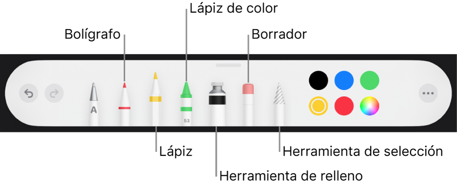 La barra de herramientas de dibujo con un bolígrafo, lápiz, lápiz de color, relleno, borrador, herramienta de selección y paleta de colores, que muestra el color actual.