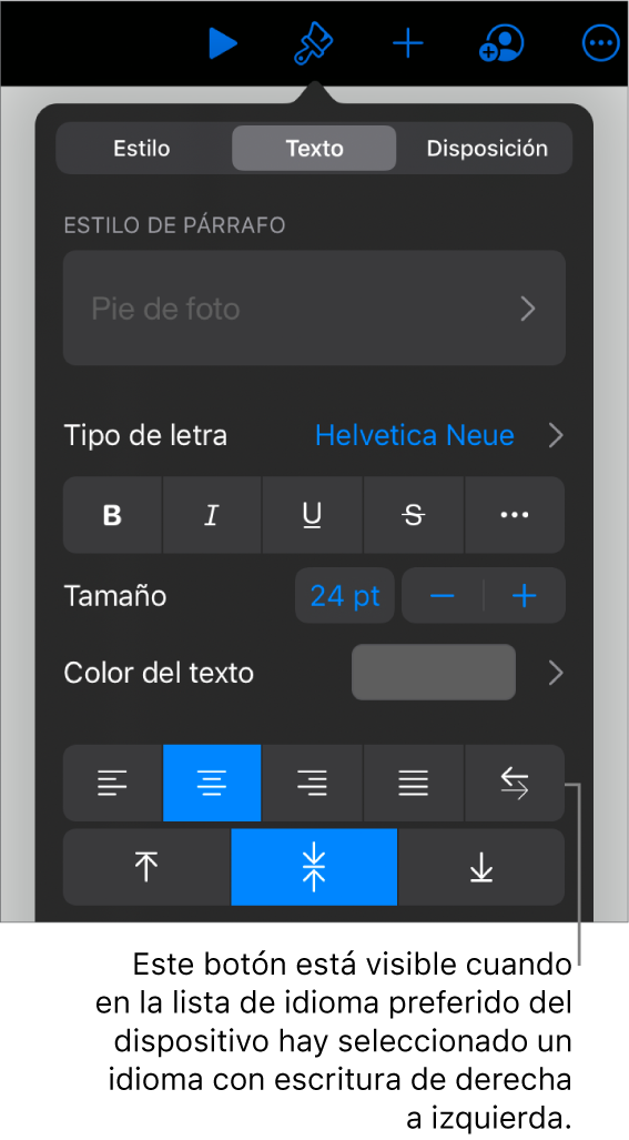 Controles de texto del menú Formato con una llamada al botón “De izquierda a derecha”.