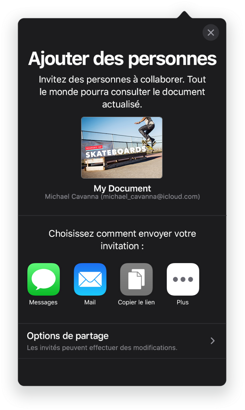 L’écran Ajouter des personnes affichant une image de la présentation à partager. En dessous se trouvent des boutons permettant d’envoyer l’invitation de diverses façons, notamment les boutons Mail, Copier le lien et Plus. Au bas se trouve le bouton Options de partage.