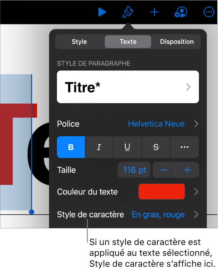 Commandes de mise en forme du texte avec Style de caractère sous les commandes de couleur. Style de caractère Aucun affiché avec un astérisque.