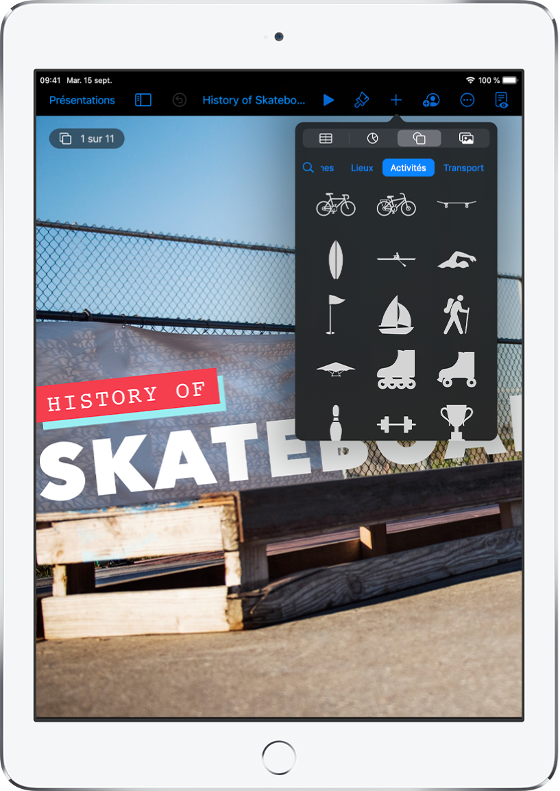 Menu d’insertion accompagné de boutons pour ajouter des tableaux, des graphiques, des formes et des contenus multimédias. L’option Forme est sélectionnée, et son menu affiche une rangée de catégories et un bouton Rechercher à gauche. La catégorie Activités est sélectionnée, et des formes s’affichent en dessous.