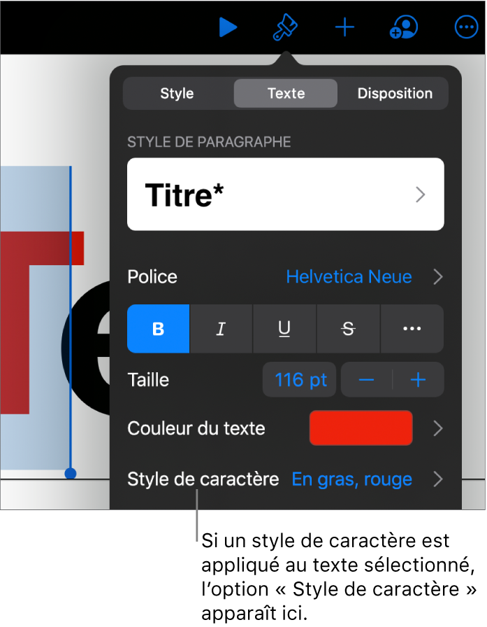 Commandes de mise en forme de texte avec Style de caractère au-dessous des commandes de couleur. Le style de caractère Aucun s’affiche avec un astérisque.