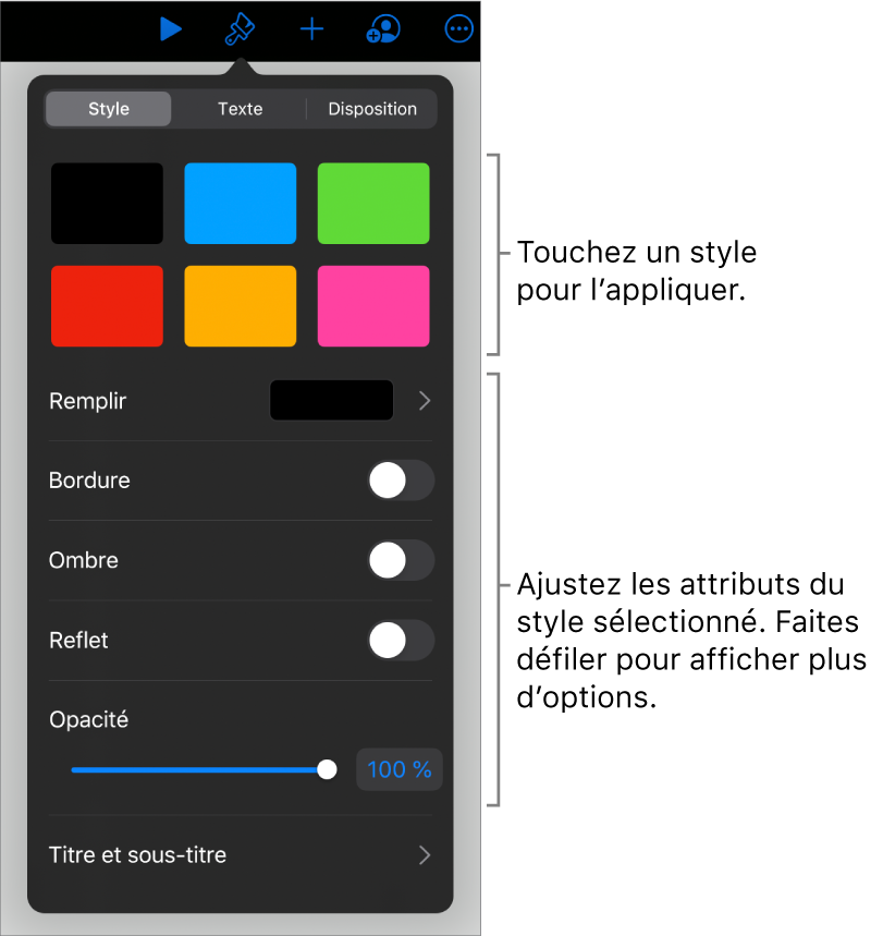 L’onglet Style du menu Format avec les styles d’objet en haut et des commandes au-dessous pour modifier la bordure, l’ombre, le reflet et l’opacité.
