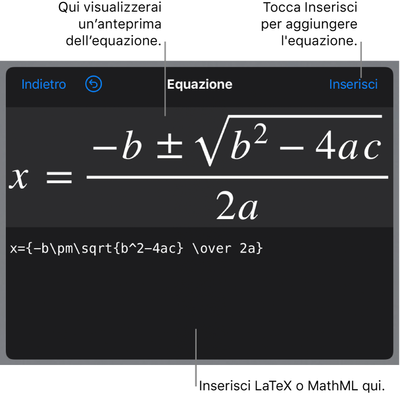 La finestra di dialogo Equazione che mostra la formula quadratica scritta tramite comandi LaTeX e un'anteprima della formula sopra.