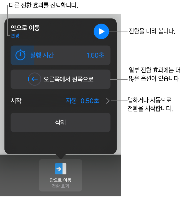 전환 효과를 수정하는 옵션 패널에 있는 제어기.