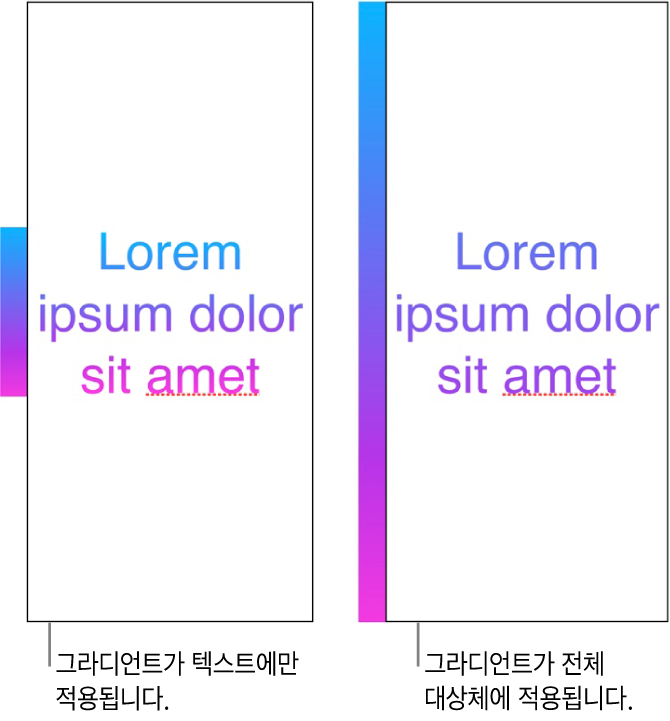 나란히 보기의 예시. 첫 번째 예시는 텍스트에만 그라디언트가 적용되어 전체 색상 스펙트럼이 텍스트에 표시된 텍스트를 보여줍니다. 두 번째 예시는 옆의 전체 대상체에 그라디언트가 적용되어 색상 스펙트럼의 일부만 텍스트에 표시된 텍스트를 보여줍니다.