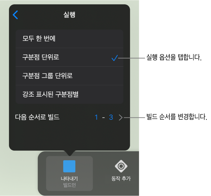 빌드인 패널에 실행 옵션.