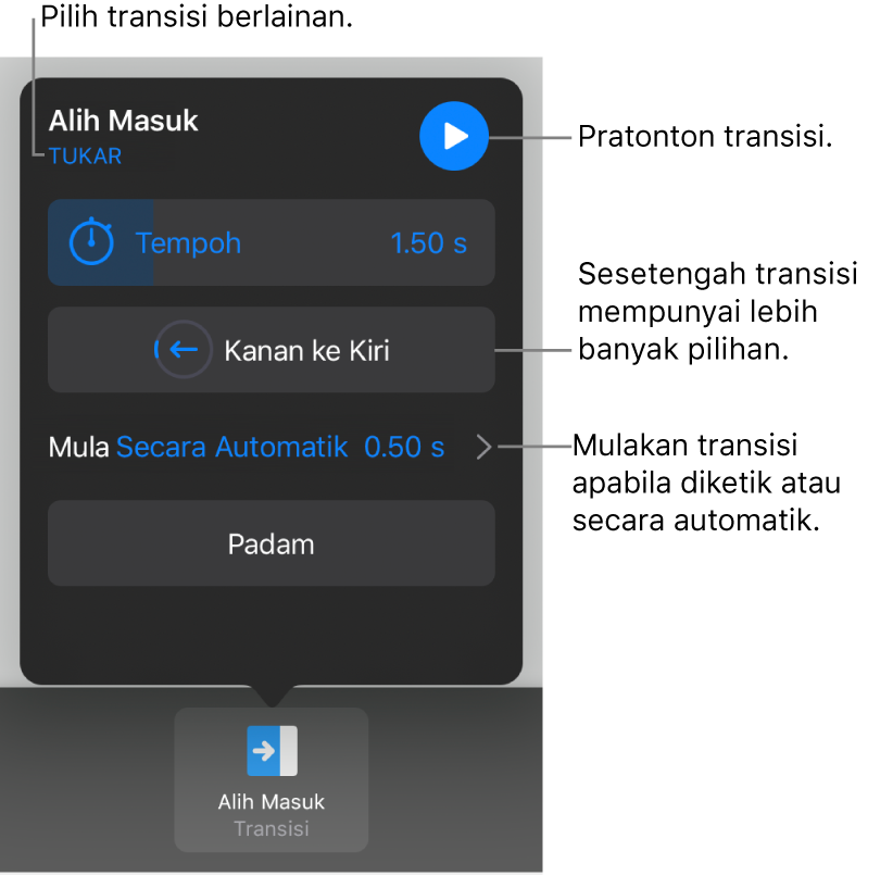 Kawalan dalam anak tetingkap Pilihan untuk mengubah suai transisi.