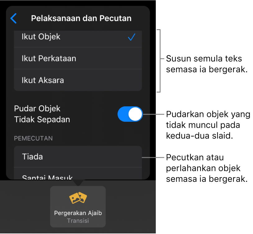 Pilihan penghantaran dan pemecutan Magic Move dalam anak tetingkap Pemecutan.