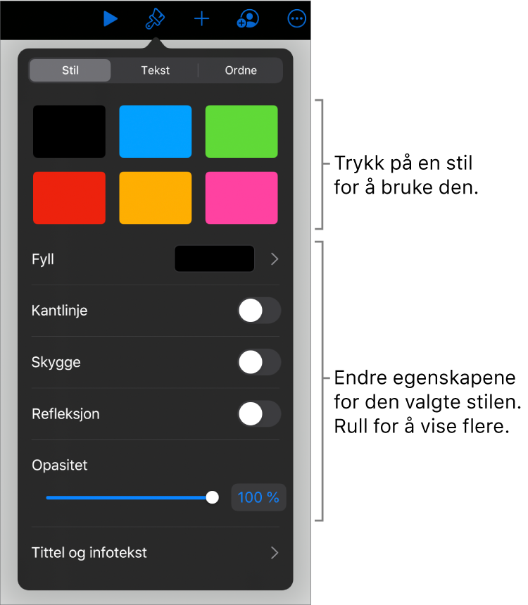 Stil-fanen i Format-menyen med objektstiler øverst og kontroller under dem for å endre kantlinje, skygge, refleksjon og opasitet.