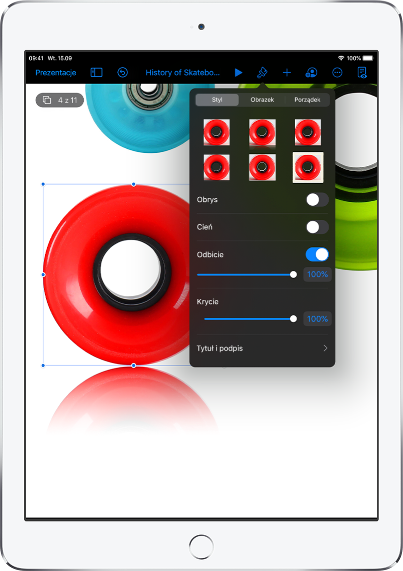 Narzędzia formatowania, pozwalające na zmianę wielkości i wyglądu zaznaczonego obrazka. Na górze narzędzi formatowania widoczne są przyciski Styl, Obrazek oraz Porządek.
