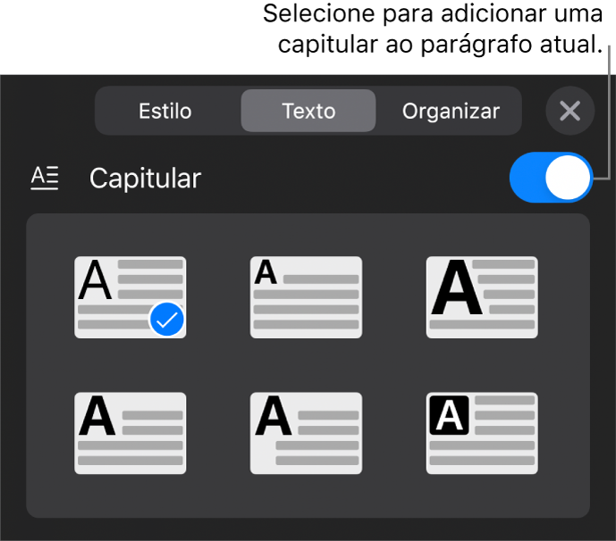 Controles Capitular localizados na parte inferior do menu Texto.