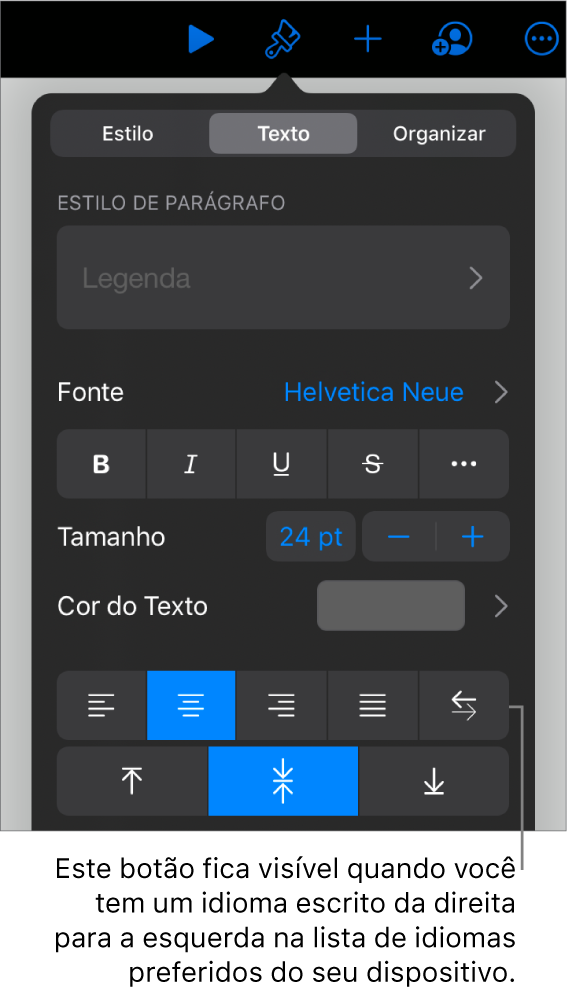 Controles de texto no menu Formatar com uma chamada para o botão da Esquerda para a Direita.