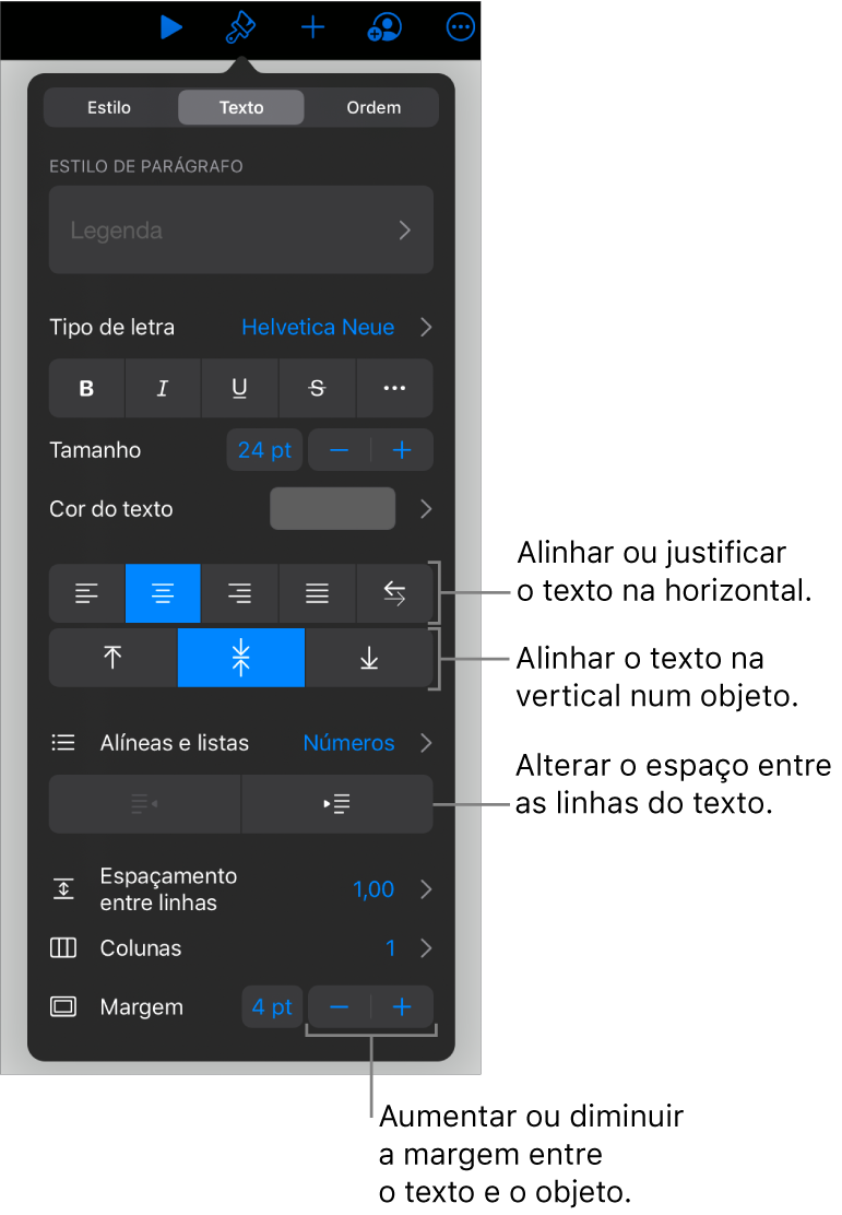 O painel Disposição com chamadas para os botões de alinhamento e espaçamento de texto.
