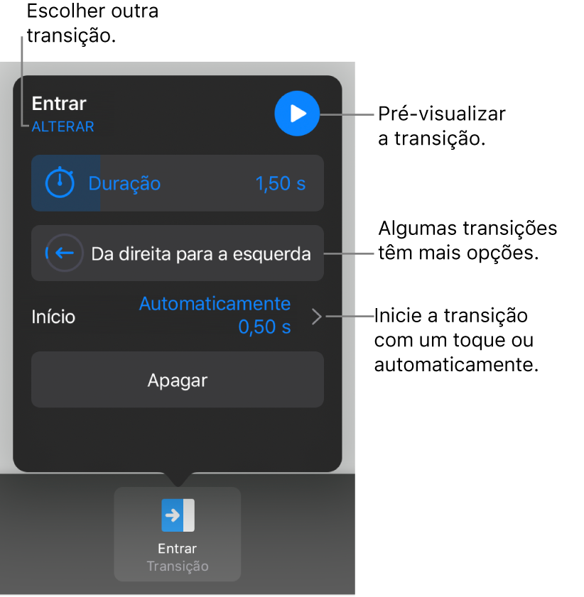 Controlos no painel de opções para modificar as transições.
