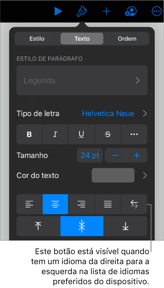 Controlos de texto no menu Formatação com uma chamada para o botão “Da esquerda para a direita”.