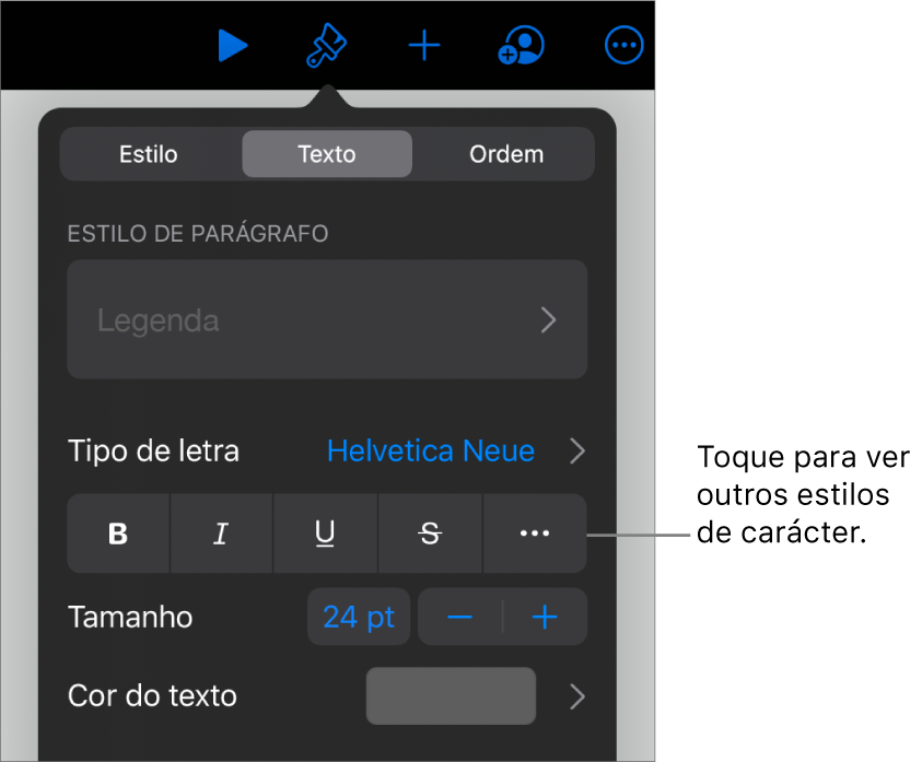 Os controlos de Formatação com estilos de parágrafo na parte superior e depois os controlos de tipo de letra. Sob “Tipo de letra” encontram-se os botões Negrito, Itálico, Sublinhado, Riscado e “Mais opções de texto”.