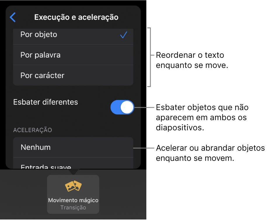 Opões de execução e aceleração do “Movimento mágico” no painel Aceleração.