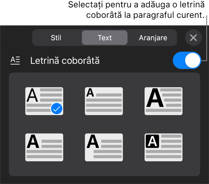 Comenzile Letrină coborâtă situate în partea de jos a meniului Text.