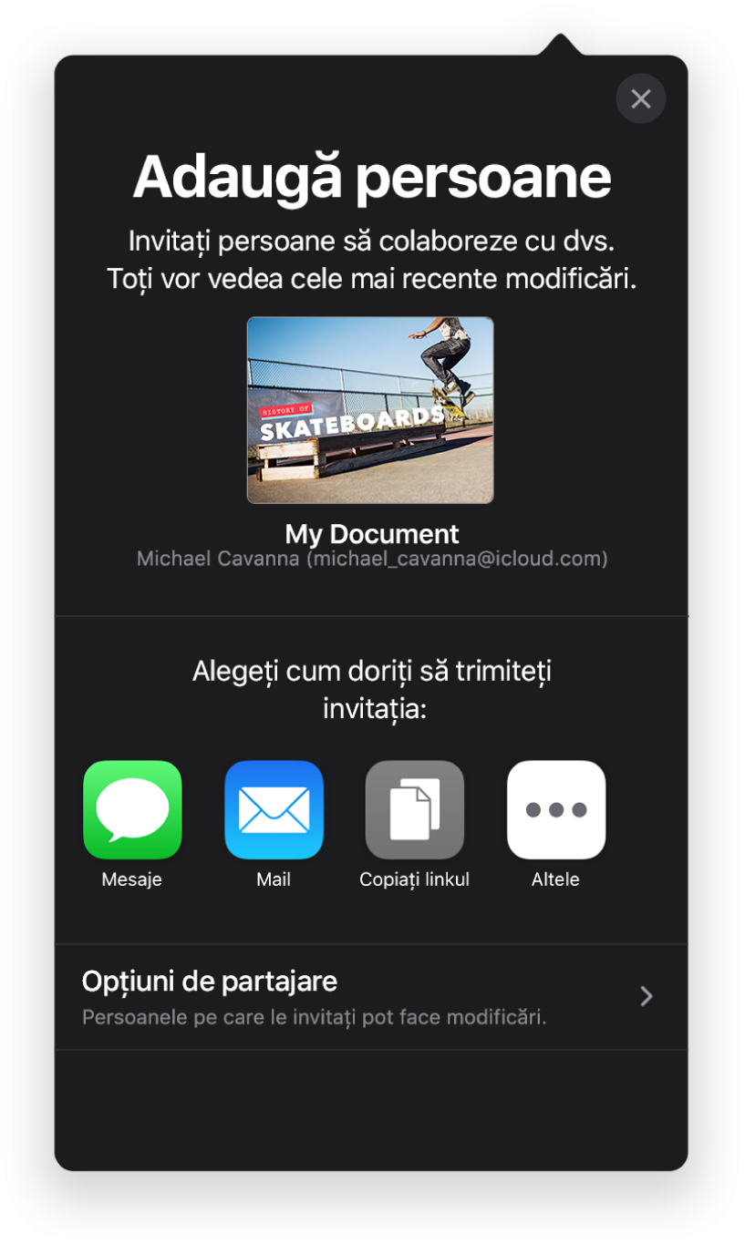Ecranul de adăugare a persoanelor afișând imaginea prezentării de partajat. Dedesubt se află butoane pentru metodele de trimitere a invitației, inclusiv Mail, Copiați linkul și Altele. În partea de jos se află butonul Opțiuni de partajare.