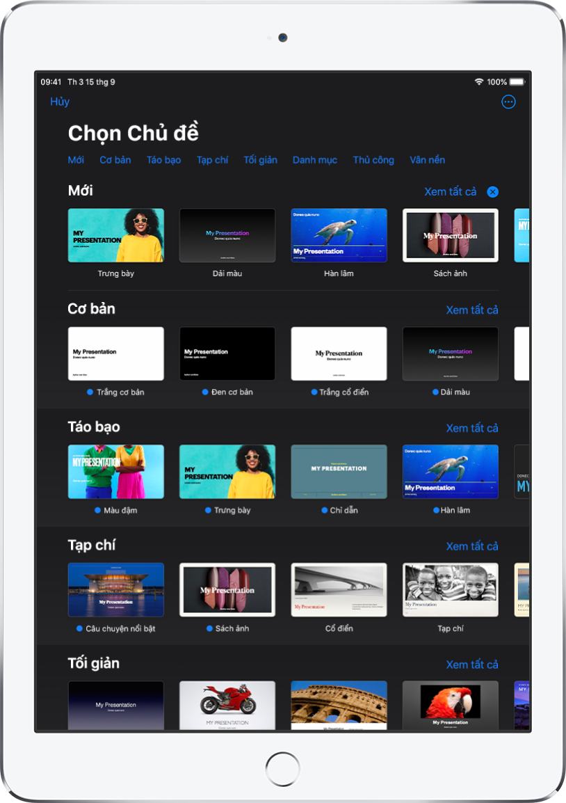 Bộ chọn chủ đề, đang hiển thị một hàng các danh mục dọc trên cùng mà bạn có thể chạm để lọc các tùy chọn. Nút Thêm nằm ở góc trên cùng bên phải nơi bạn có thể đặt định dạng Tiêu chuẩn hoặc Rộng và đặt định dạng cho ngôn ngữ hoặc vùng cụ thể. Bên dưới là các hình thu nhỏ của các mẫu được thiết kế sẵn được sắp xếp trong các hàng theo danh mục. Nút Xem tất cả sẽ xuất hiện phía trên và ở bên phải của từng hàng danh mục.