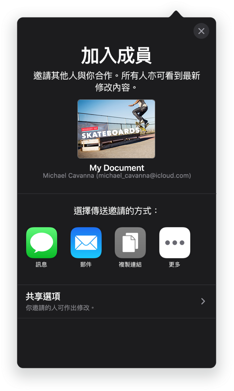 「加入成員」畫面顯示要共享簡報的圖片。其下方為傳送邀請的方式，包括「郵件」、「複製連結」等等。最下方是「分享選項」按鈕。