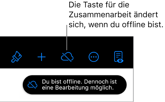 Die Tasten oben auf dem Bildschirm, darunter die Taste „Zusammenarbeiten“, die als mit einer diagonalen Linie durchgestrichenen Wolke dargestellt wird. Ein Hinweis auf dem Bildschirm besagt, dass du offline bist, aber weiterhin arbeiten kannst.