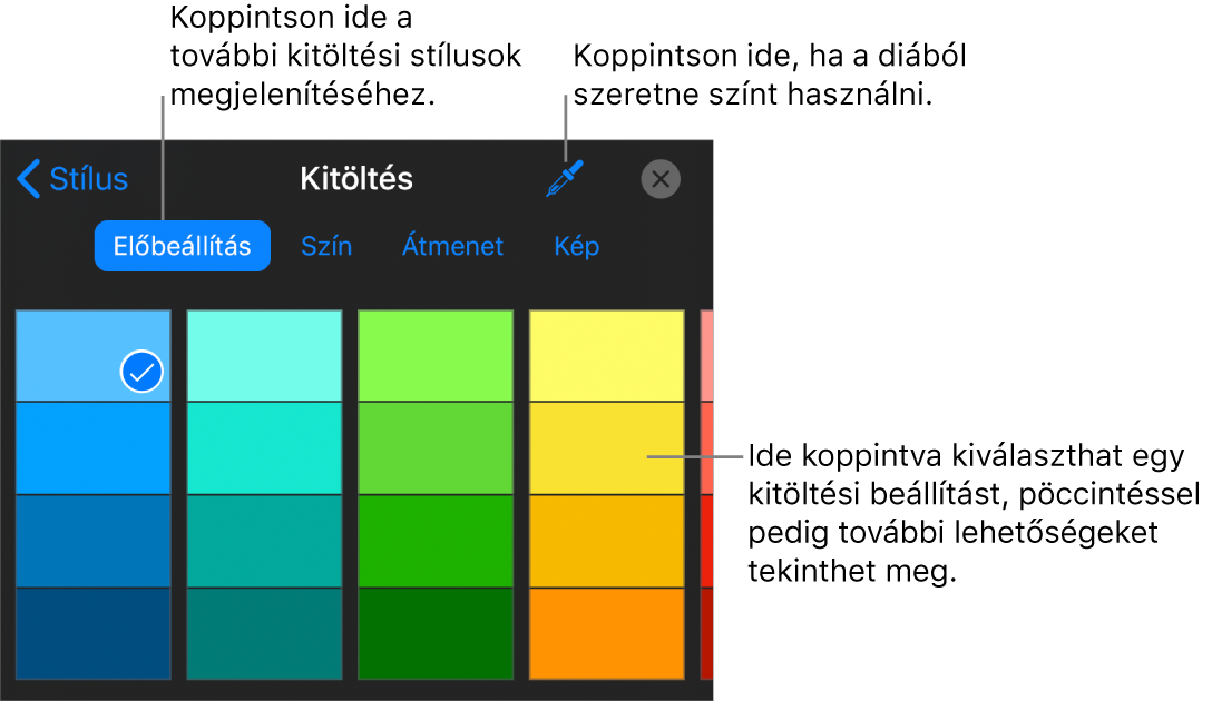 Kitöltési lehetőségek a Stílus lapon.