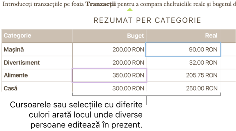 Cursoarele sau selecțiile cu diferite culori arată locul unde diverse persoane editează în prezent.