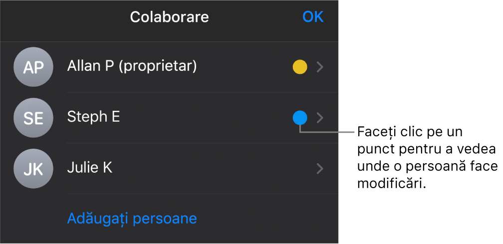 Lista de participanți cu trei participanți și un punct cu o culoare diferită în dreapta fiecărui nume.