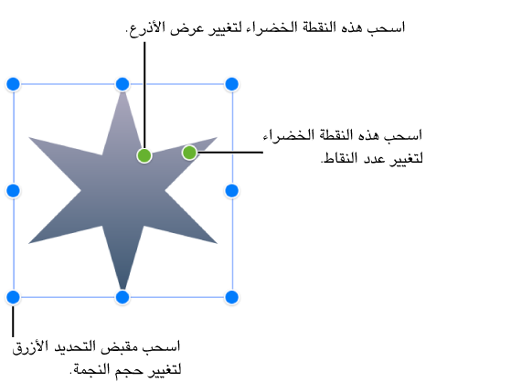 تم تحديد شكل نجمة، تتضمن نقطتين باللون الأخضر يمكنك سحبهما لتغيير عرض الأذرع وعدد النقاط.