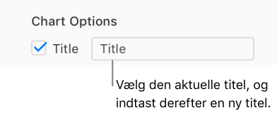 I sektionen Valg til diagram i indholdsoversigten for formatering er afkrydsningsfeltet Titel valgt. Tekstfeltet til højre for afkrydsningsfeltet viser eksempeltitlen på diagrammet, "Title".