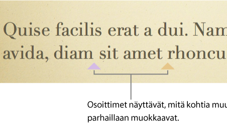 Eriväriset osoittimet, jotka näyttävät, missä toiset käyttäjät muokkaavat jaettua esitystä.