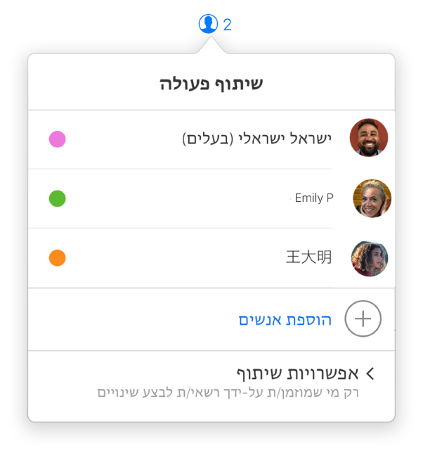 התפריט 'שיתוף פעולה' מציג את השמות של האנשים שעובדים יחד על המצגת. אפשרויות השיתוף מוצגות מתחת לשמות.
