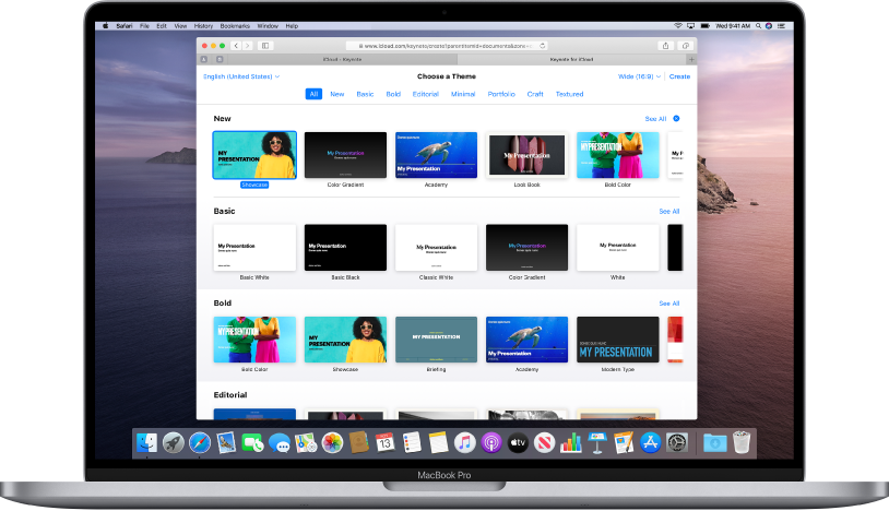 בוחר ערכת הנושא פתוח ומציג מספר מצגות דוגמה מהן אפשר לבחור.