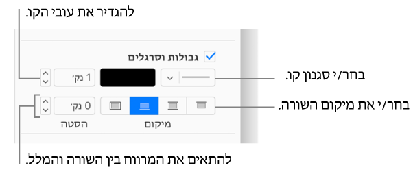 תיבת הסימון של ״גבולות וכללים״ נבחרה בסרגל הצדדי ״עיצוב״, והפקדים לעיצוב סגנון השורה, העובי, המיקום וצבע השורה מופיעים מתחת לתיבת הסימון.