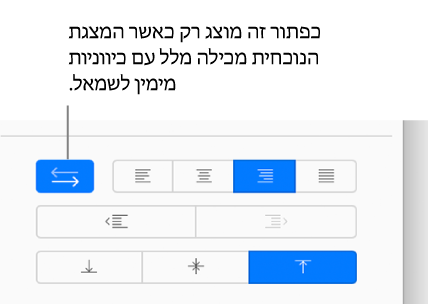 הכפתור ״כיוון הטקסט״ בסרגל הצדדי ״עיצוב״.