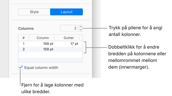 Kontrollene for tekstkolonner i Layout-delen av Format-sidepanelet.