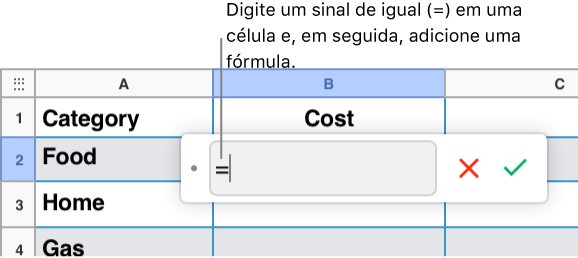 O Editor de fórmula com = e nenhuma fórmula inserida.