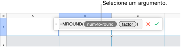 O Editor de fórmula com a função SOMA inserida e um texto explicativo para o token de argumento de valor.
