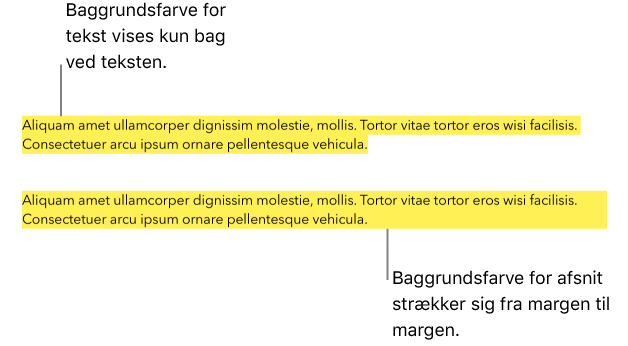 Et afsnit med en gul farve kun bag ved teksten og et andet afsnit med en gul farveblok bag ved afsnittet, der udfyldes fra margen til margen.