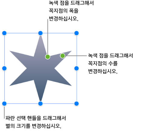 별을 선택하고 두 개의 녹색점을 드래그하여 꼭지점의 폭과 수를 변경할 수 있습니다.