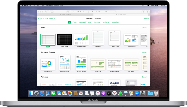 De sjabloonkiezer is open en toont een serie voorbeeldspreadsheets om uit te kiezen.