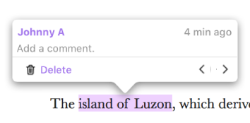 Noget tekst er markeret i et dokument, og navnet på den person, der tilføjede markeringen, og det tidspunkt, hvor den blev tilføjet, vises over markeringen.