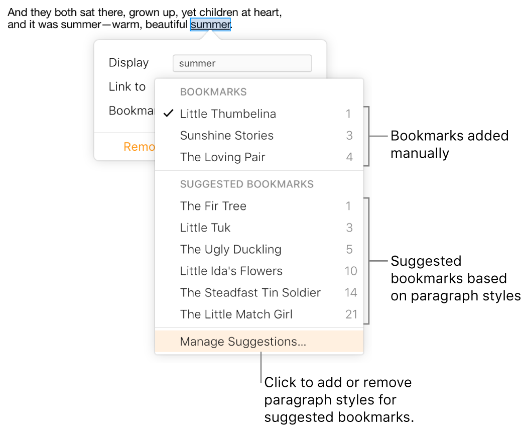 The bookmarks list with manually added bookmarks at the top and suggested bookmarks below. Manage Suggestions is selected at the bottom of the popup menu.