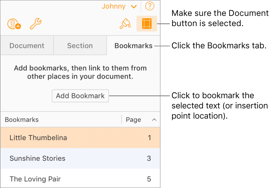 The Bookmarks tab is selected in the Document sidebar. The Add Bookmark button appears above a list of bookmarks that have already been added to the document.