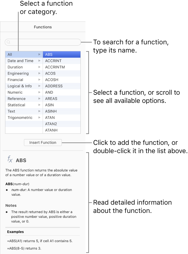 The Function Browser with search field at the top, functions by category, the Insert Function button, and information about the selected function.